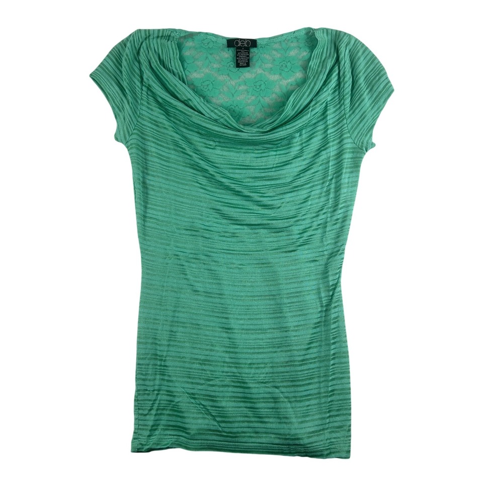 Vintage Deb Shirt Top Womens Small Green Cowl Neck Lace Back Stretch Y2K